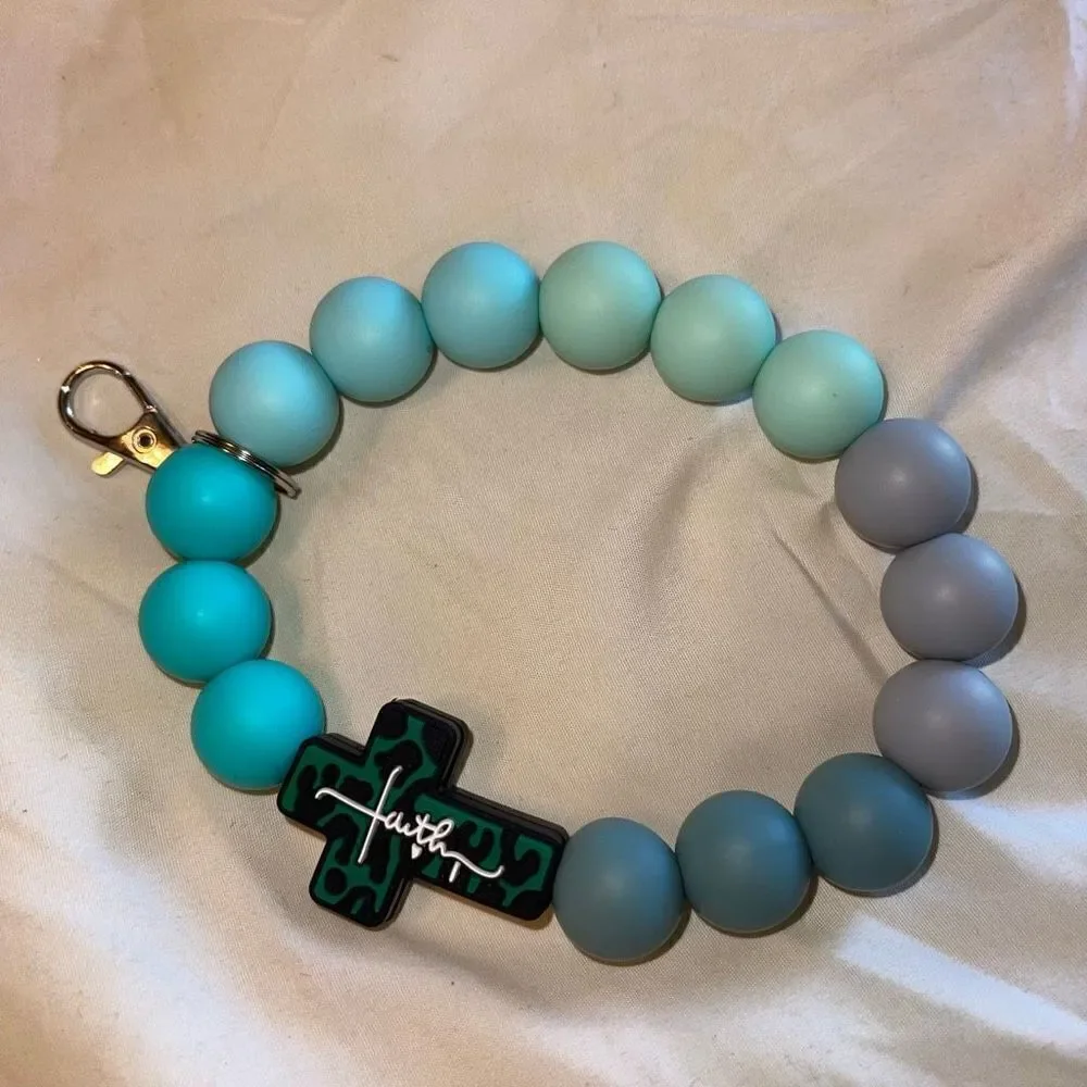 Keychain bracelet wristlet silicone beaded Faith Cross Christ Christian Leopard
